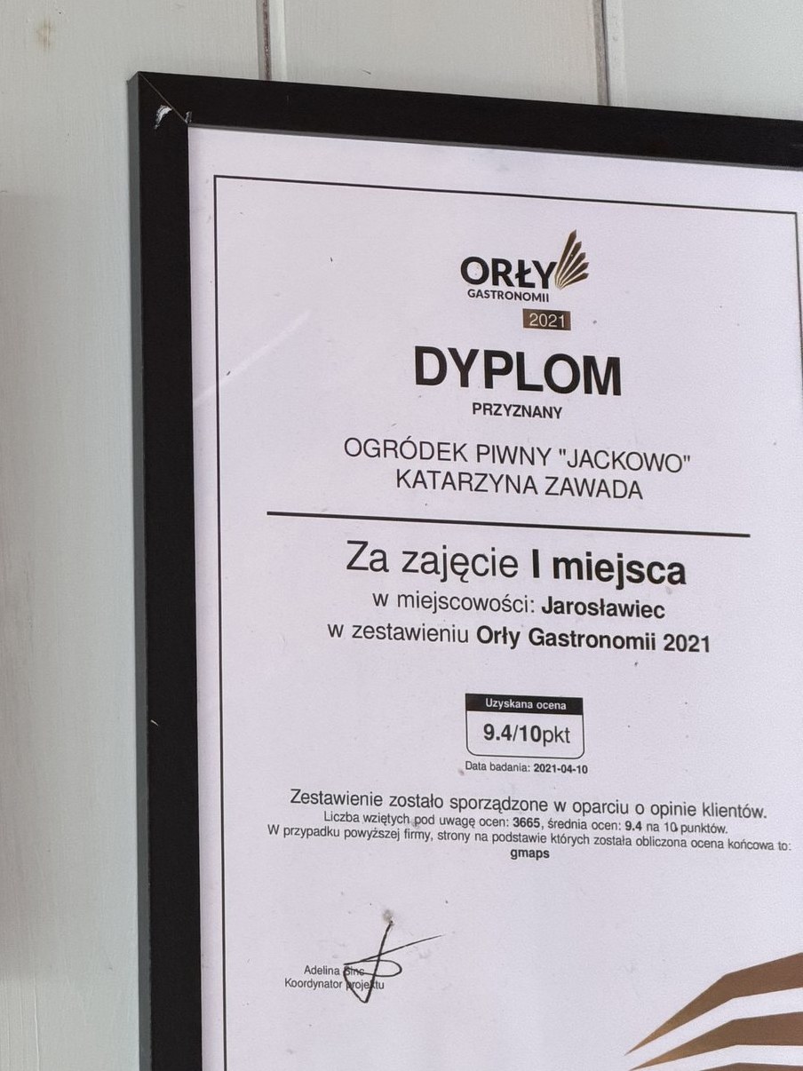 Dyplom Orły Gastronomii 2021 dla Ogródka Piwnego Jackowo za I miejsce w Jarosławcu